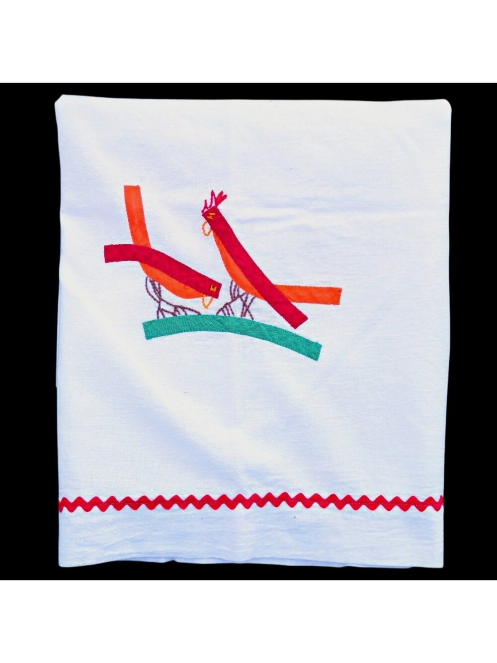 Vintage Bias Tape Bird Tea Towel,  Handmade, Rik-Rak Trim, 1950s-60s Crafts